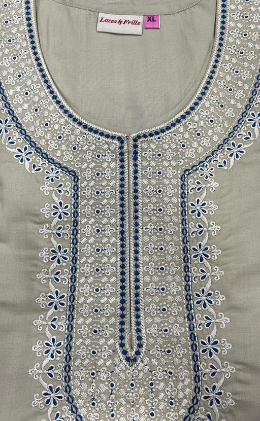 Beige/Blue Embroidery Soft Cotton Nighty. Soft Breathable Fabric | Laces and Frills