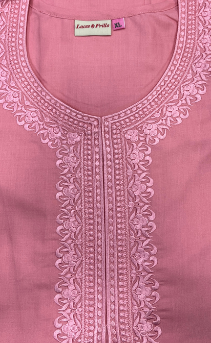 Pink Embroidery Soft Cotton Nighty. Soft Breathable Fabric | Laces and Frills