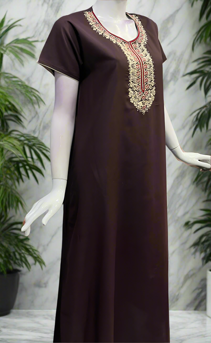 Brown Embroidery Soft Cotton Nighty. Soft Breathable Fabric | Laces and Frills