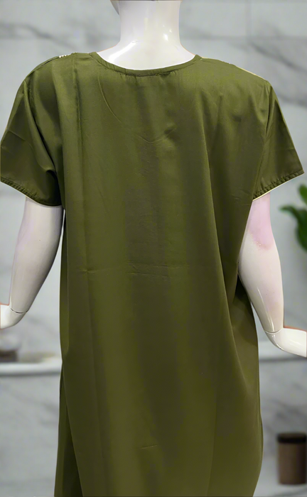 Olive Green Embroidery Soft Cotton Nighty. Soft Breathable Fabric | Laces and Frills