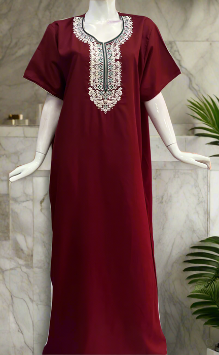 Maroon Embroidery Soft Cotton Nighty. Soft Breathable Fabric | Laces and Frills