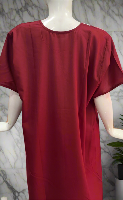 Maroon Embroidery Soft Cotton Nighty. Soft Breathable Fabric | Laces and Frills