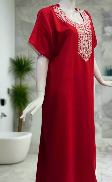 Red Embroidery Soft Cotton Nighty. Soft Breathable Fabric | Laces and Frills