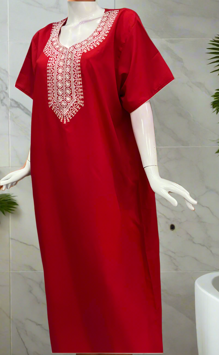 Red Embroidery Soft Cotton Nighty. Soft Breathable Fabric | Laces and Frills