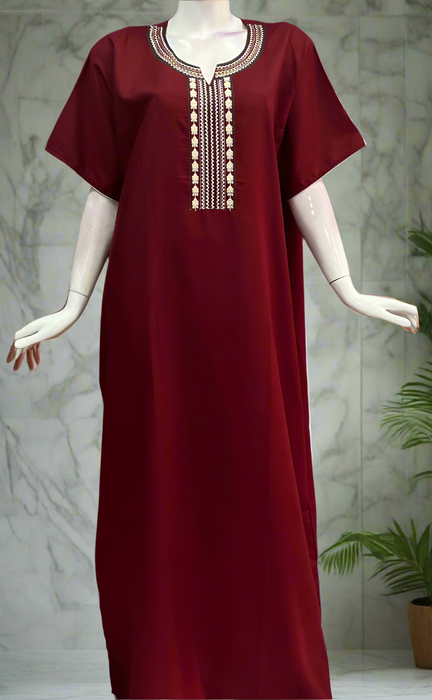 Maroon Embroidery Soft Cotton Nighty. Soft Breathable Fabric | Laces and Frills