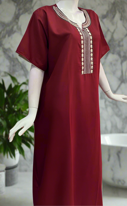 Maroon Embroidery Soft Cotton Nighty. Soft Breathable Fabric | Laces and Frills