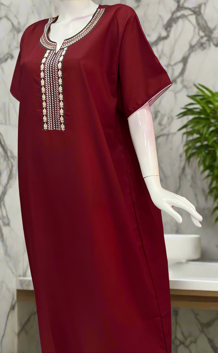 Maroon Embroidery Soft Cotton Nighty. Soft Breathable Fabric | Laces and Frills