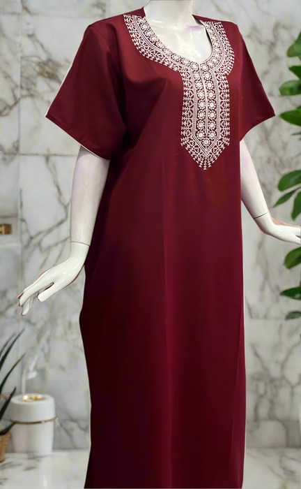 Maroon Embroidery Soft Cotton Nighty. Soft Breathable Fabric | Laces and Frills