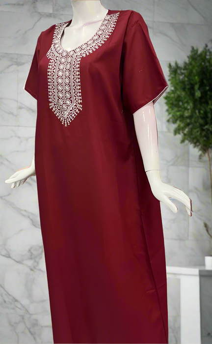 Maroon Embroidery Soft Cotton Nighty. Soft Breathable Fabric | Laces and Frills