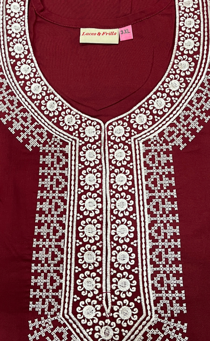 Maroon Embroidery Soft Cotton Nighty. Soft Breathable Fabric | Laces and Frills