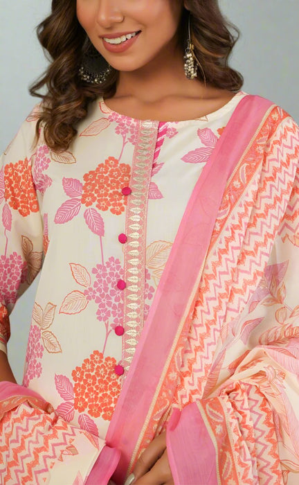 Off White/Pink Floral Kurti With Pant And Dupatta Set  .Pure Versatile Cotton. | Laces and Frills - Laces and Frills