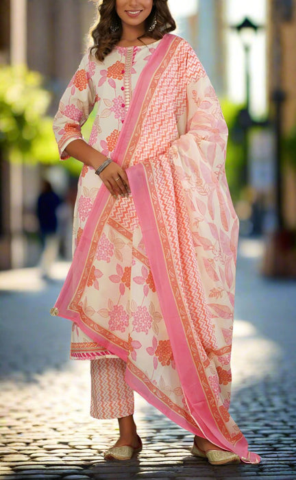 Off White/Pink Floral Kurti With Pant And Dupatta Set  .Pure Versatile Cotton. | Laces and Frills - Laces and Frills