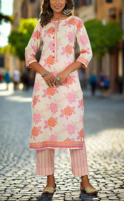 Off White/Pink Floral Kurti With Pant And Dupatta Set  .Pure Versatile Cotton. | Laces and Frills - Laces and Frills