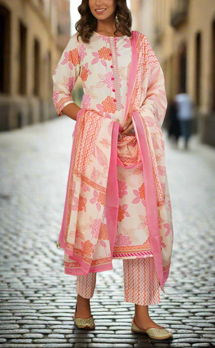 Off White/Pink Floral Kurti With Pant And Dupatta Set  .Pure Versatile Cotton. | Laces and Frills - Laces and Frills