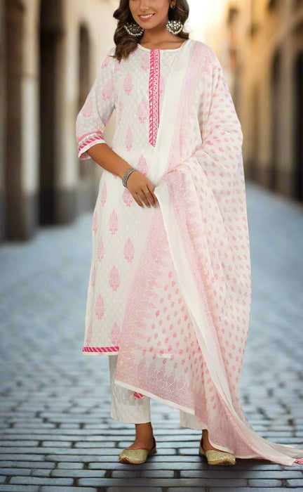 White/Pink Garden Kurti With Pant And Dupatta Set  .Pure Versatile Cotton. | Laces and Frills - Laces and Frills