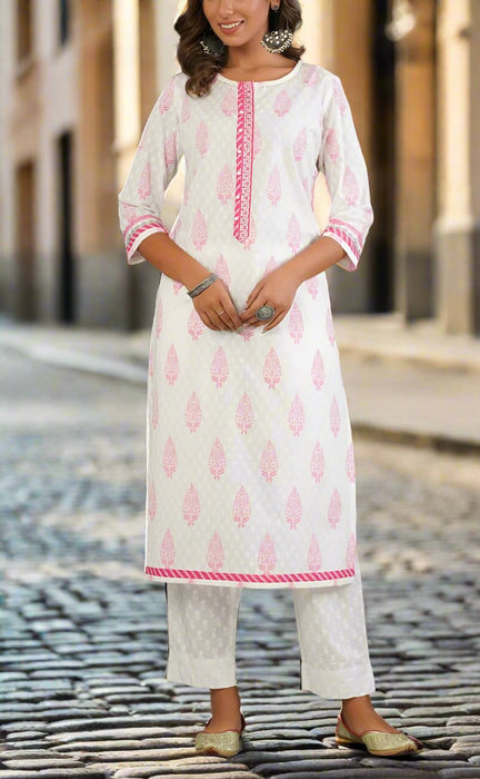 White/Pink Garden Kurti With Pant And Dupatta Set  .Pure Versatile Cotton. | Laces and Frills - Laces and Frills