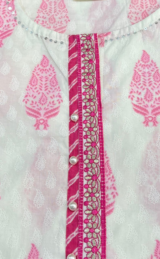 White/Pink Garden Kurti With Pant And Dupatta Set  .Pure Versatile Cotton. | Laces and Frills - Laces and Frills