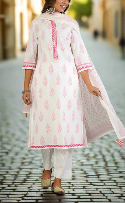 White/Pink Garden Kurti With Pant And Dupatta Set  .Pure Versatile Cotton. | Laces and Frills - Laces and Frills