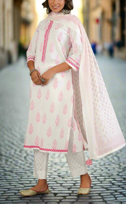 White/Pink Garden Kurti With Pant And Dupatta Set  .Pure Versatile Cotton. | Laces and Frills - Laces and Frills