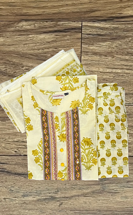 Yellow Floral Kurti With Pant And Dupatta Set  .Pure Versatile Cotton. | Laces and Frills