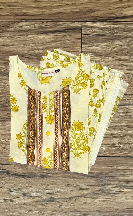 Yellow Floral Kurti With Pant And Dupatta Set  .Pure Versatile Cotton. | Laces and Frills