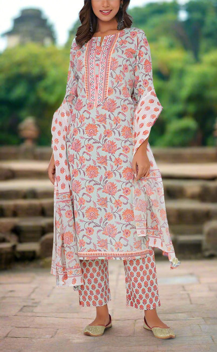 Light Sea Green/Peach Garden Kurti With Pant And Dupatta Set  .Pure Versatile Cotton. | Laces and Frills - Laces and Frills