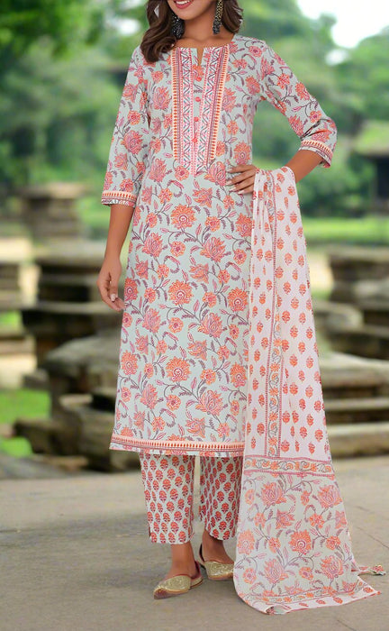 Light Sea Green/Peach Garden Kurti With Pant And Dupatta Set  .Pure Versatile Cotton. | Laces and Frills - Laces and Frills