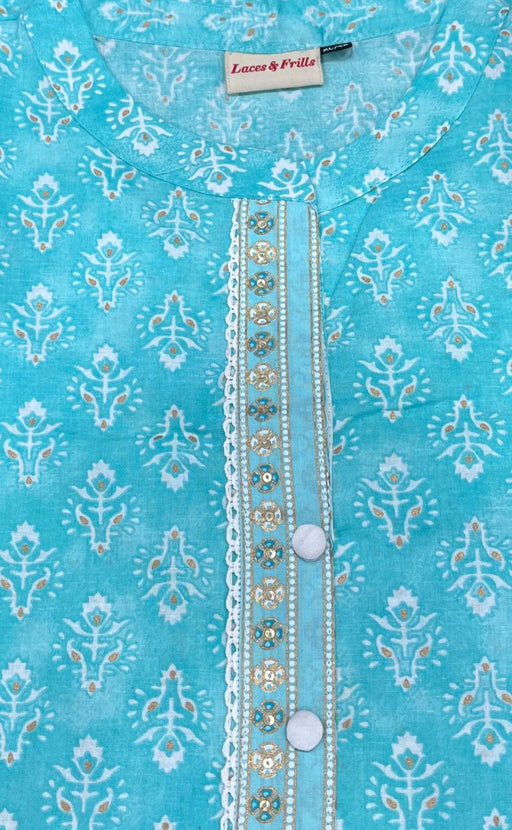 Sky Blue Floral Motif Kurti With Afgani Salwar And Dupatta Set.Pure Versatile Cotton. | Laces and Frills - Laces and Frills