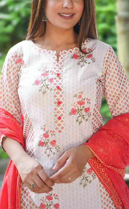 Light Pink/Pink Floral Kurti With Pant And Dupatta Set.Pure Versatile Cotton. | Laces and Frills - Laces and Frills