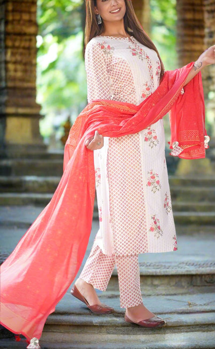 Light Pink/Pink Floral Kurti With Pant And Dupatta Set.Pure Versatile Cotton. | Laces and Frills - Laces and Frills