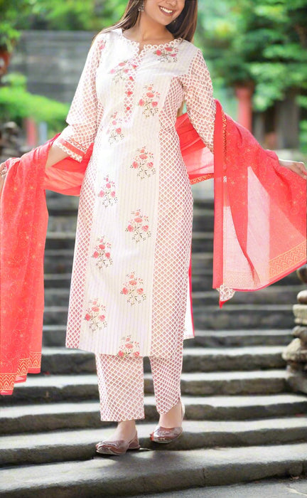 Light Pink/Pink Floral Kurti With Pant And Dupatta Set.Pure Versatile Cotton. | Laces and Frills - Laces and Frills