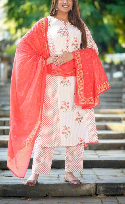 Light Pink/Pink Floral Kurti With Pant And Dupatta Set.Pure Versatile Cotton. | Laces and Frills - Laces and Frills