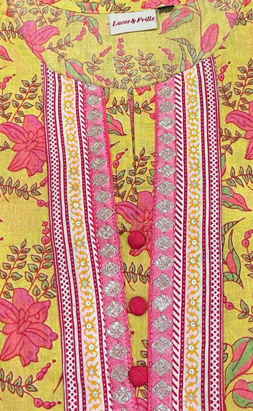 Yellow/Pink Floral Kurti With Pant And Dupatta Set  .Pure Versatile Cotton. | Laces and Frills - Laces and Frills