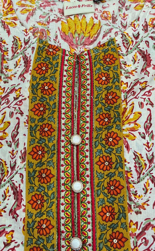 Off White/Yellow Garden Kurti With Pant And Dupatta Set.Pure Versatile Cotton. | Laces and Frills - Laces and Frills