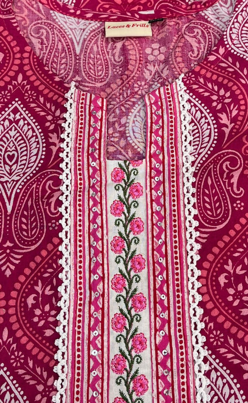 Pink/White Floral Kurti With Pant And Dupatta Set. Pure Versatile Cotton. | Laces and Frills - Laces and Frills