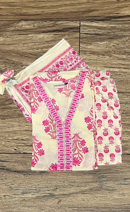 Off White/Pink Garden Kurti With Pant And Dupatta Set. Pure Versatile Cotton. | Laces and Frills