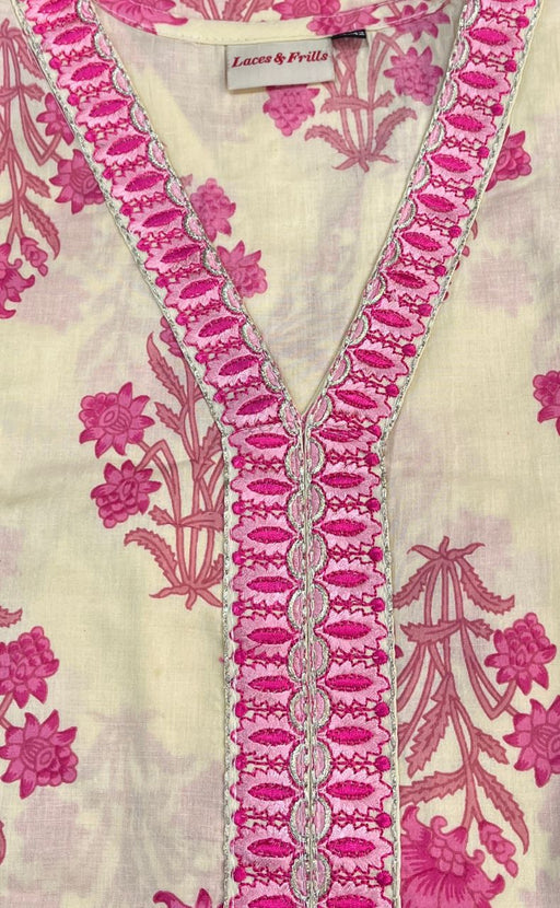 Off White/Pink Garden Kurti With Pant And Dupatta Set. Pure Versatile Cotton. | Laces and Frills - Laces and Frills