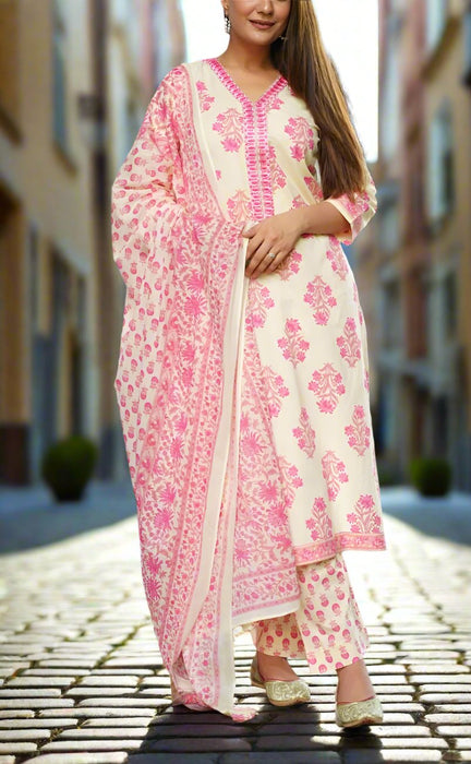 Off White/Pink Garden Kurti With Pant And Dupatta Set. Pure Versatile Cotton. | Laces and Frills - Laces and Frills