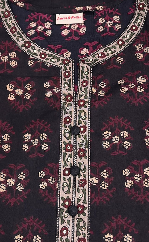 Black/Maroon Ajrakh Kurti With Pant And Dupatta Set. Pure Versatile Cotton. | Laces and Frills - Laces and Frills