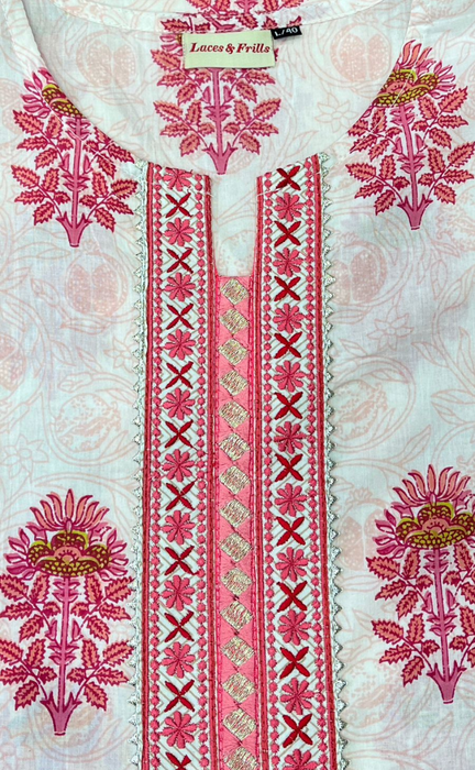 White/Pink Motif Kurti With Palazzo And Dupatta Set .Pure Versatile Cotton. | Laces and Frills