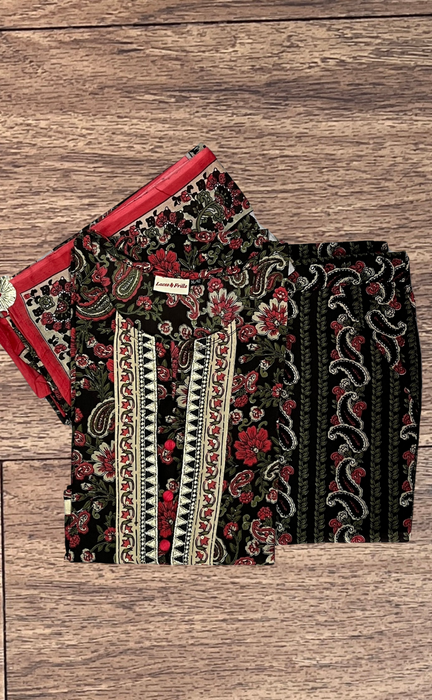 Black/Red Flora Kurti With Pant And Dupatta Set. Pure Versatile Cotton. | Laces and Frills