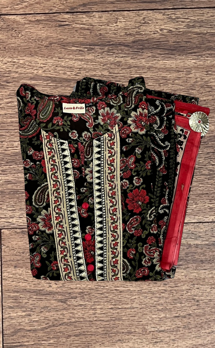 Black/Red Flora Kurti With Pant And Dupatta Set. Pure Versatile Cotton. | Laces and Frills