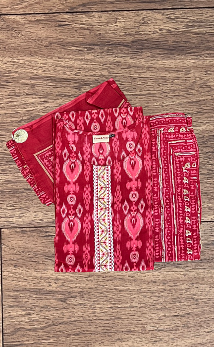 Red Ikkat Kurti With Pant And Dupatta Set. Pure Versatile Cotton. | Laces and Frills