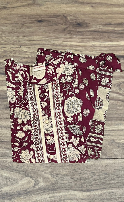 Maroon/Cream Floral Kurti With Pant And Dupatta Set. Pure Versatile Cotton. | Laces and Frills