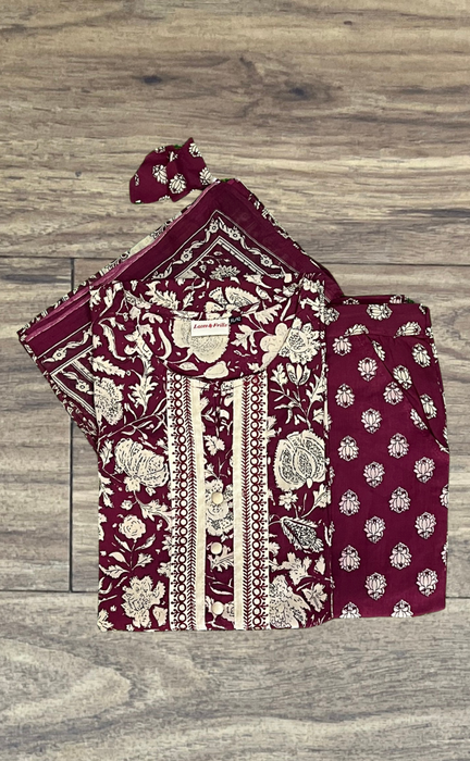 Maroon/Cream Floral Kurti With Pant And Dupatta Set. Pure Versatile Cotton. | Laces and Frills