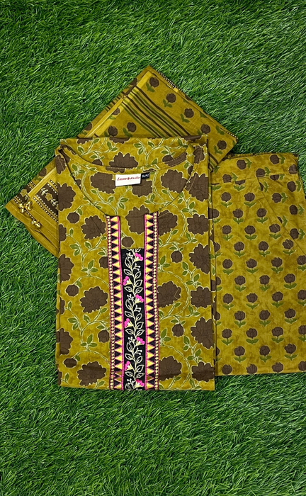 Mustard/Brown Floral Jaipur Cotton Kurti With Pant And Dupatta Set  .Pure Versatile Cotton. | Laces and Frills