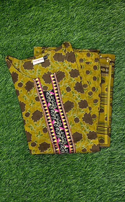 Mustard/Brown Floral Jaipur Cotton Kurti With Pant And Dupatta Set  .Pure Versatile Cotton. | Laces and Frills