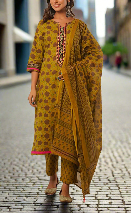 Mustard/Brown Floral Jaipur Cotton Kurti With Pant And Chanderi Dupatta Set  .Pure Versatile Cotton. | Laces and Frills - Laces and Frills