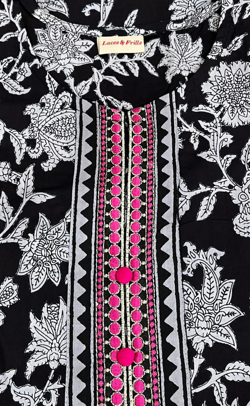 Black Garden Jaipur Cotton Kurti With Pant And Chanderi Dupatta Set  .Pure Versatile Cotton. | Laces and Frills - Laces and Frills