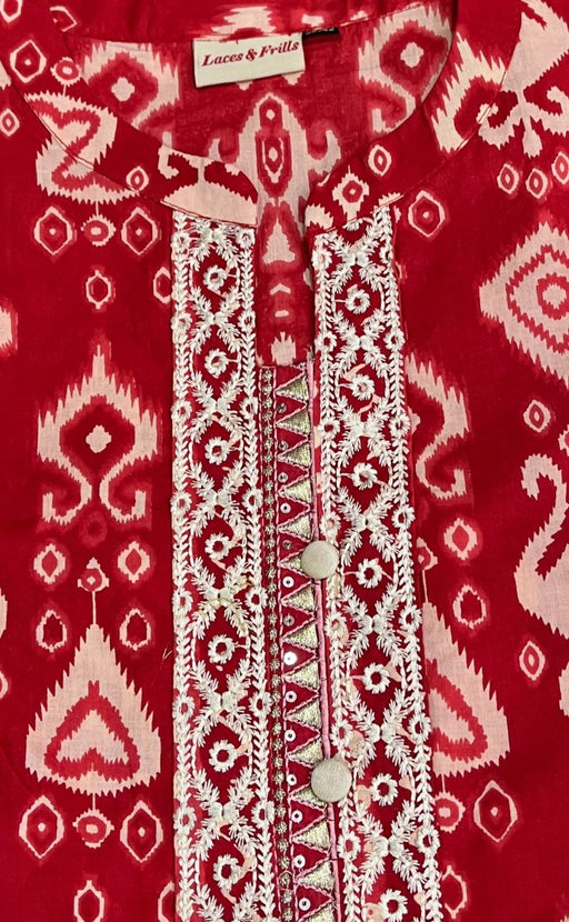 Red Motif Jaipur Cotton Kurti With Pant And Kota Dupatta Set  .Pure Versatile Cotton. | Laces and Frills - Laces and Frills